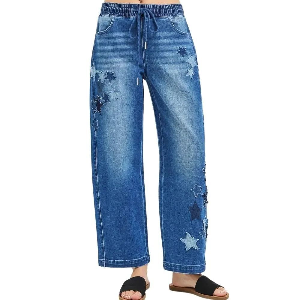 Blue Star-Embroidered Wide Leg Women’s Jeans Sz [4/6]